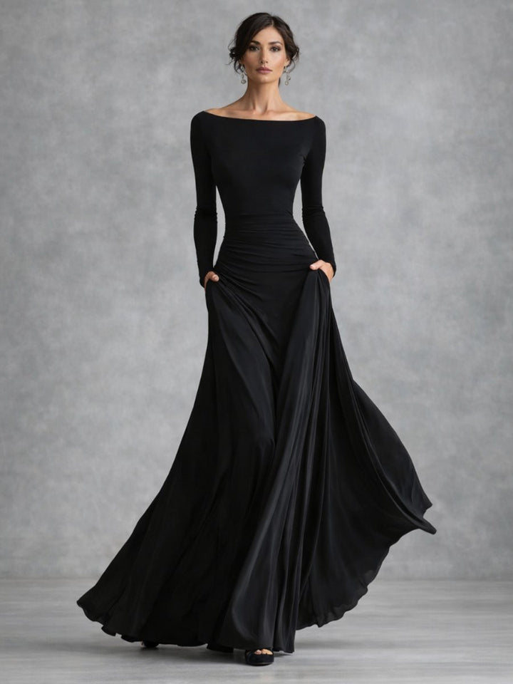 Women's Christmas Party Dress Draped Boat-Neck Long-Sleeve Maxi Dress