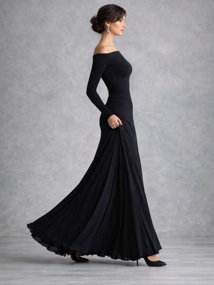 Women's Christmas Party Dress Draped Boat-Neck Long-Sleeve Maxi Dress