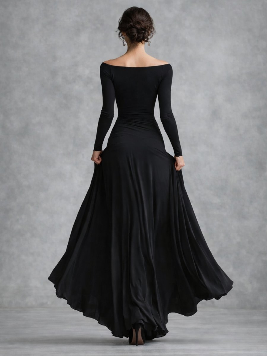 Women's Christmas Party Dress Draped Boat-Neck Long-Sleeve Maxi Dress