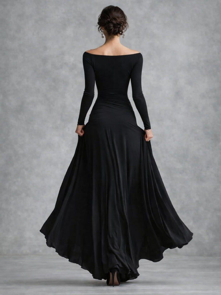 Women's Christmas Party Dress Draped Boat-Neck Long-Sleeve Maxi Dress