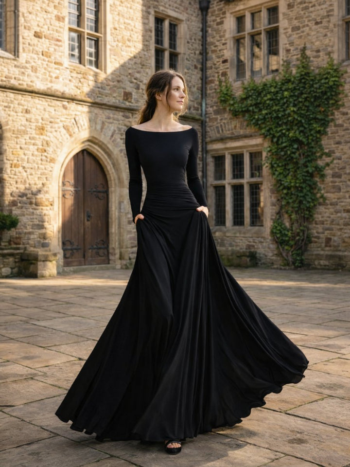 Women's Christmas Party Dress Draped Boat-Neck Long-Sleeve Maxi Dress