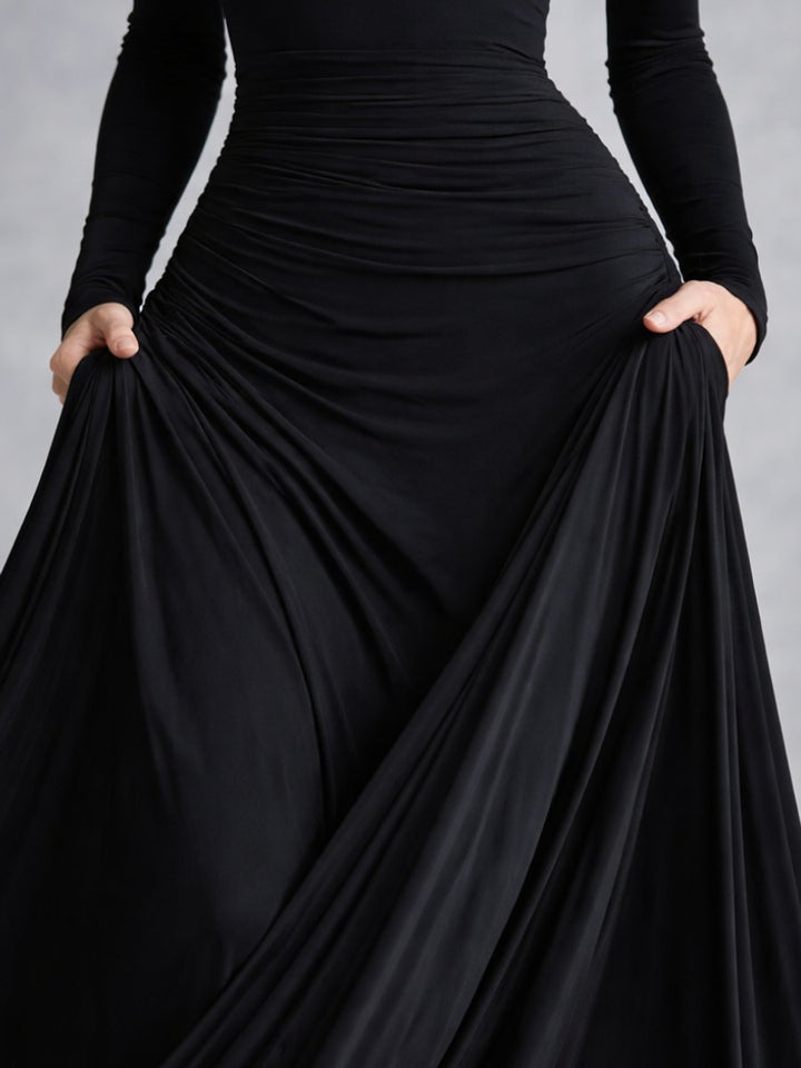 Women's Christmas Party Dress Draped Boat-Neck Long-Sleeve Maxi Dress