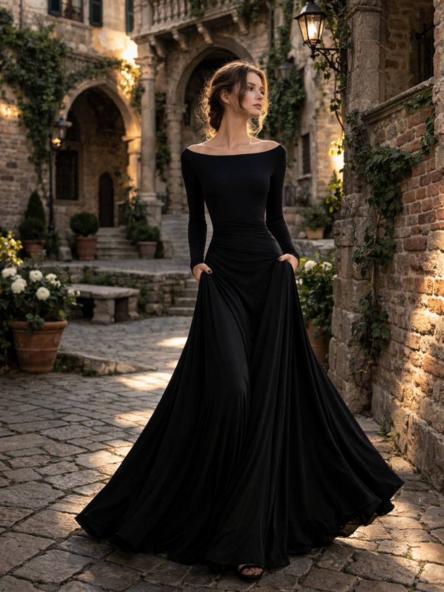 Women's Christmas Party Dress Draped Boat-Neck Long-Sleeve Maxi Dress