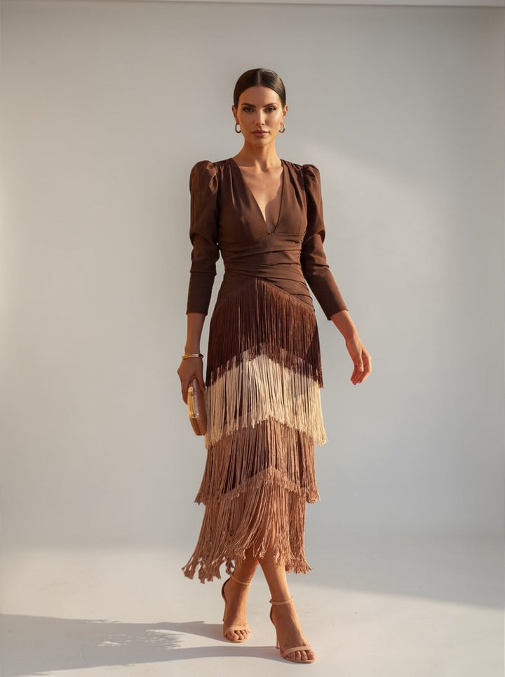 Women's Christmas Party Dress Draped V-Neck Tiered Fringe Midi