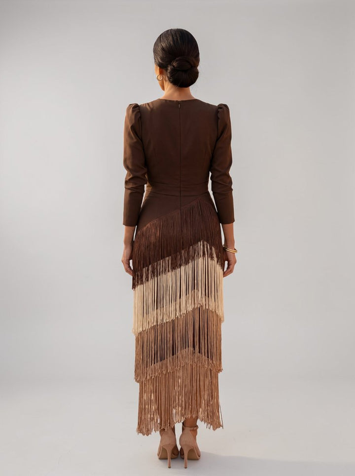 Women's Christmas Party Dress Draped V-Neck Tiered Fringe Midi