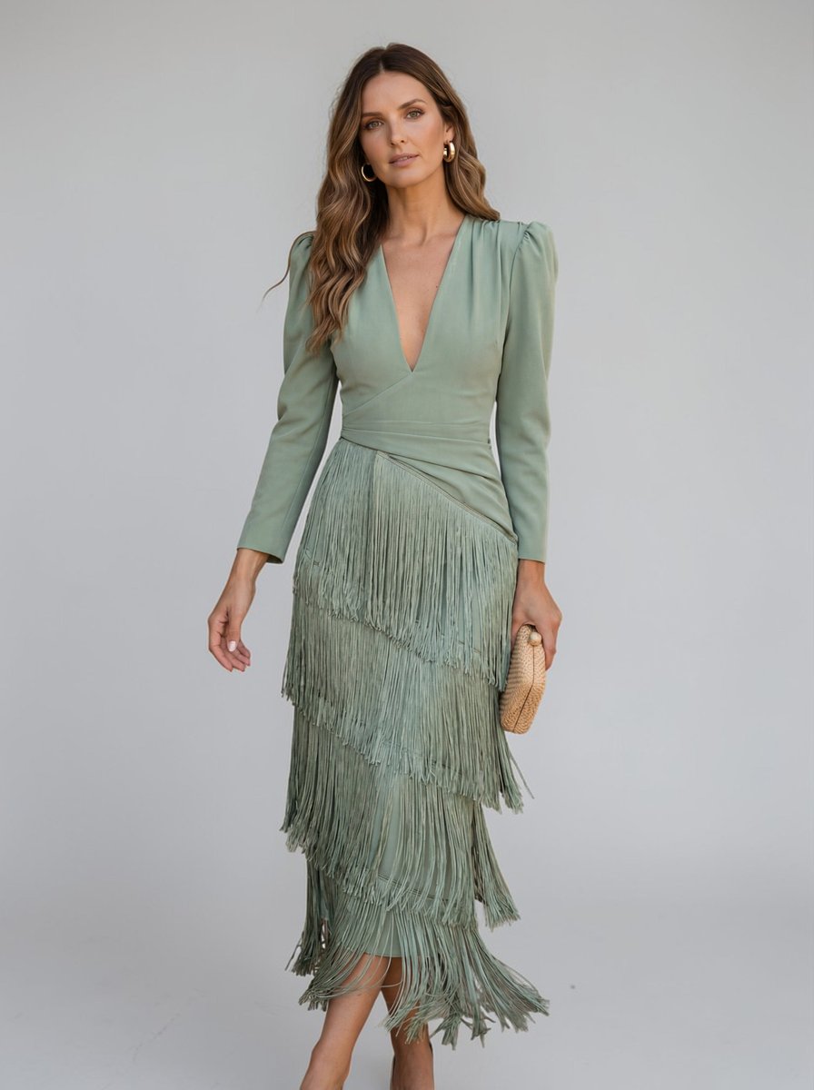 Women's Christmas Party Dress Draped V-Neck Tiered Fringe Midi