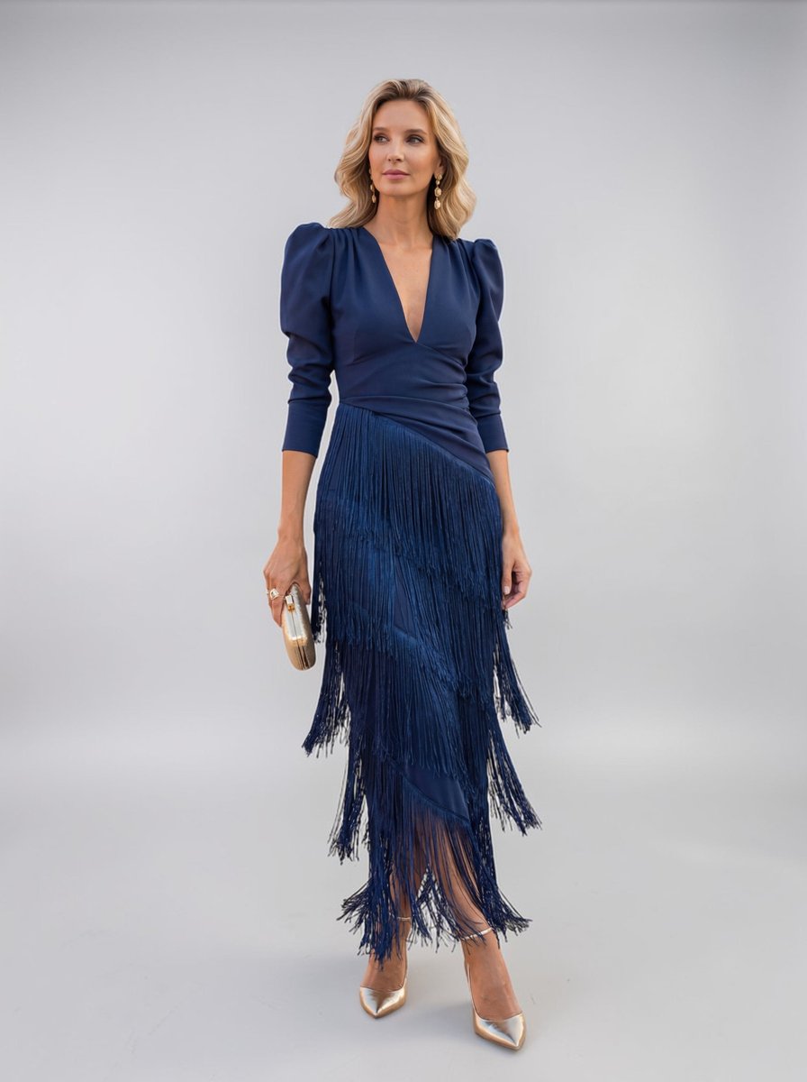 Women's Christmas Party Dress Draped V-Neck Tiered Fringe Midi