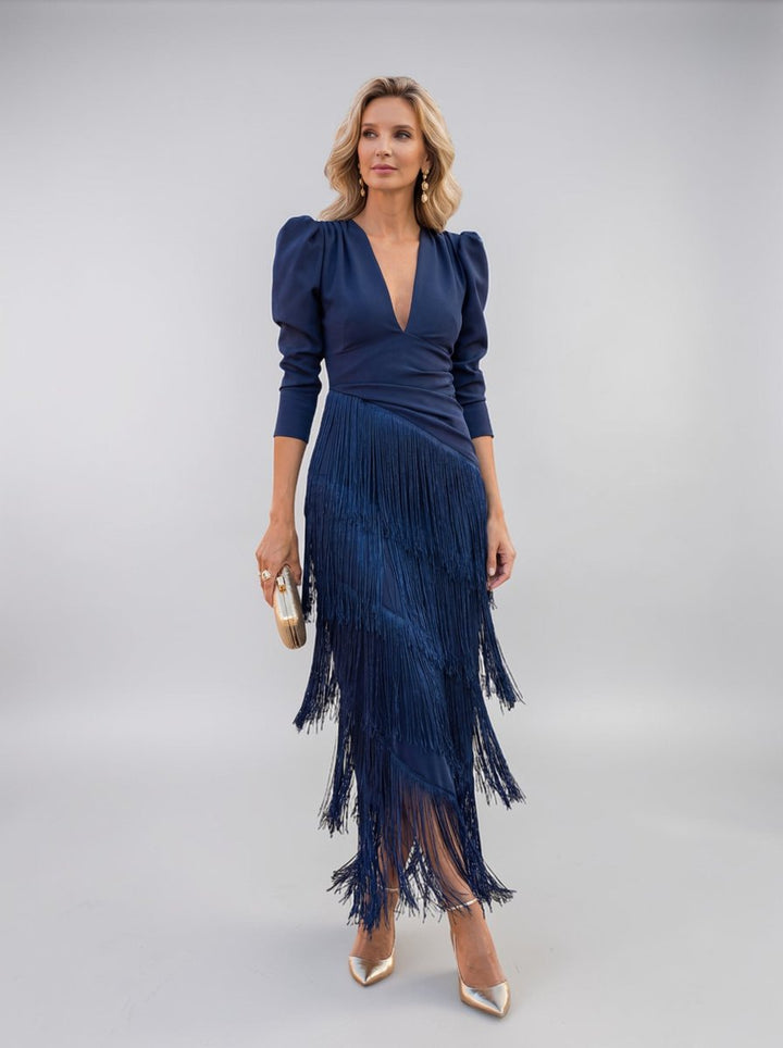 Women's Christmas Party Dress Draped V-Neck Tiered Fringe Midi