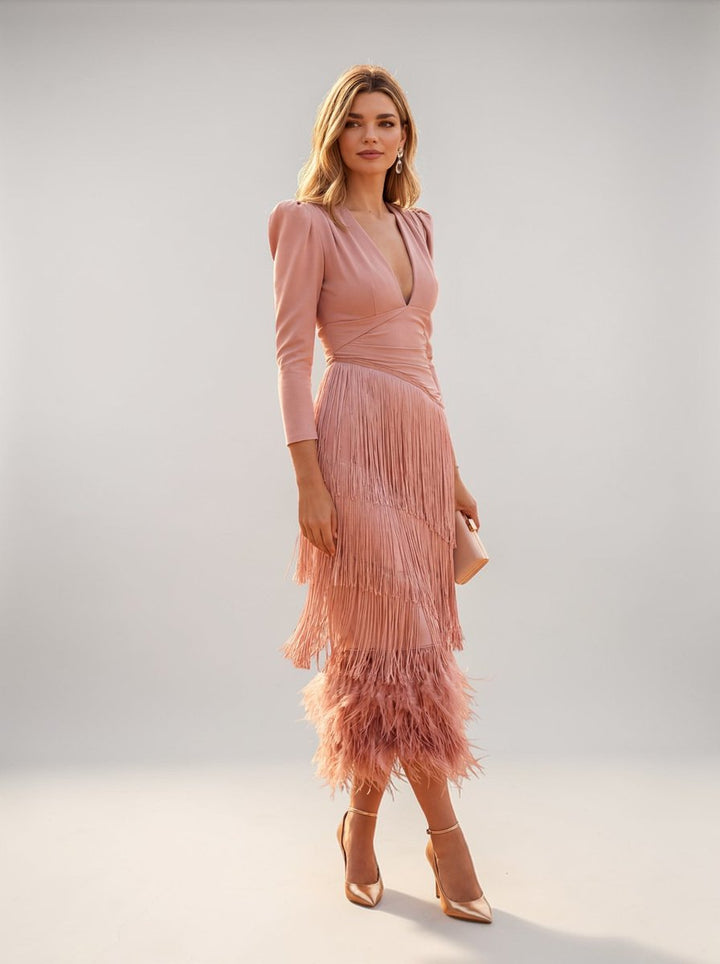 Women's Christmas Party Dress Draped V-Neck Tiered Fringe Midi