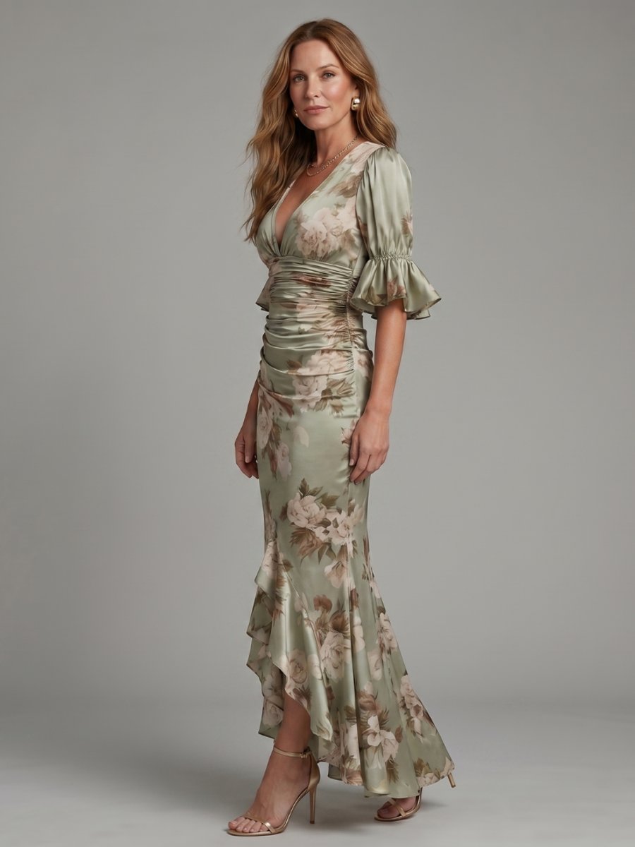 Women's Christmas Party Dress Flutter Sleeve V-Neck Ruched Midi