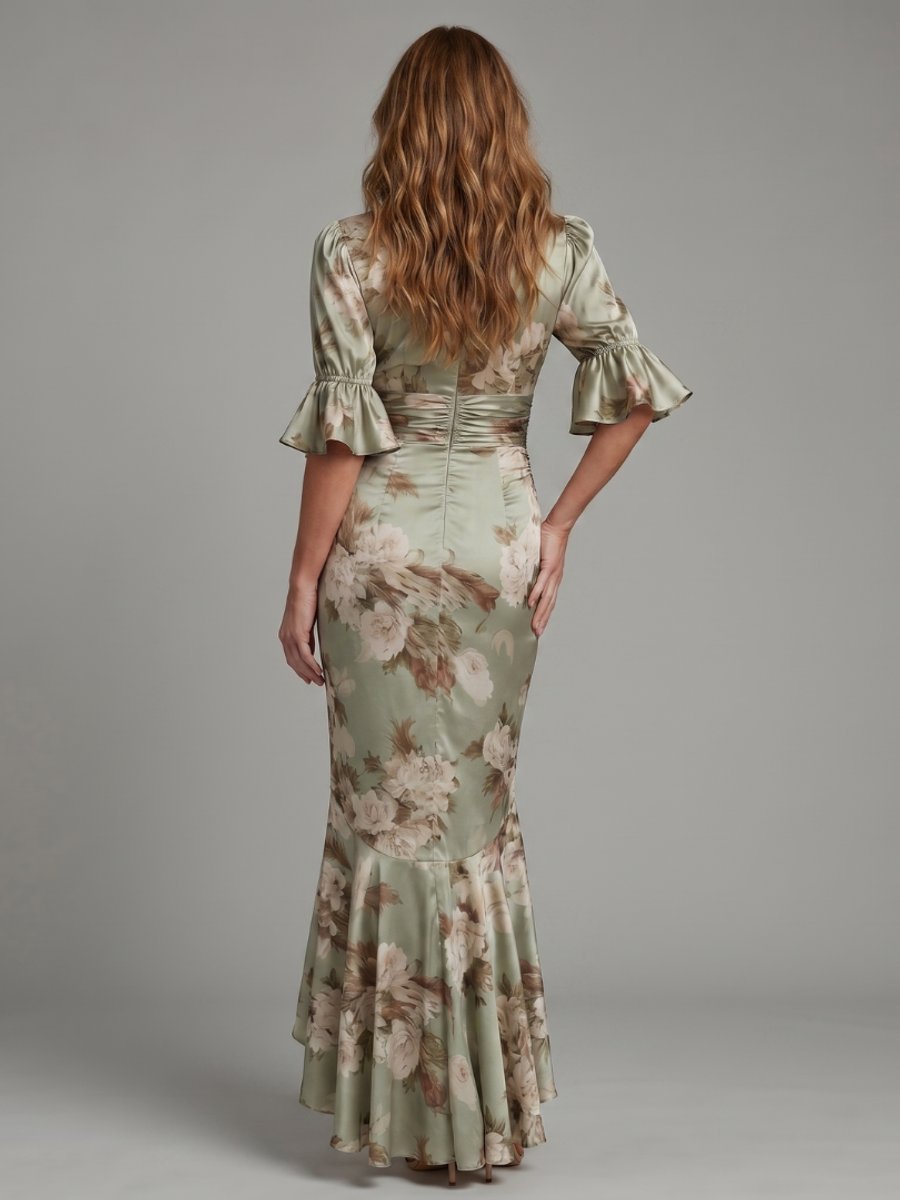 Women's Christmas Party Dress Flutter Sleeve V-Neck Ruched Midi