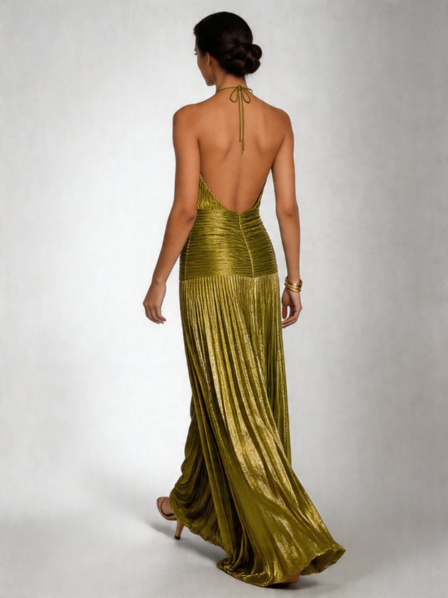 Women's Christmas Party Dress Halter Neck Pleated High Slit Maxi