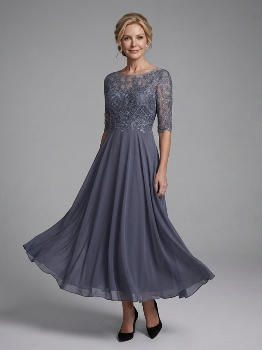 Women's Christmas Party Dress Lace Bodice Sheer Sleeve Midi
