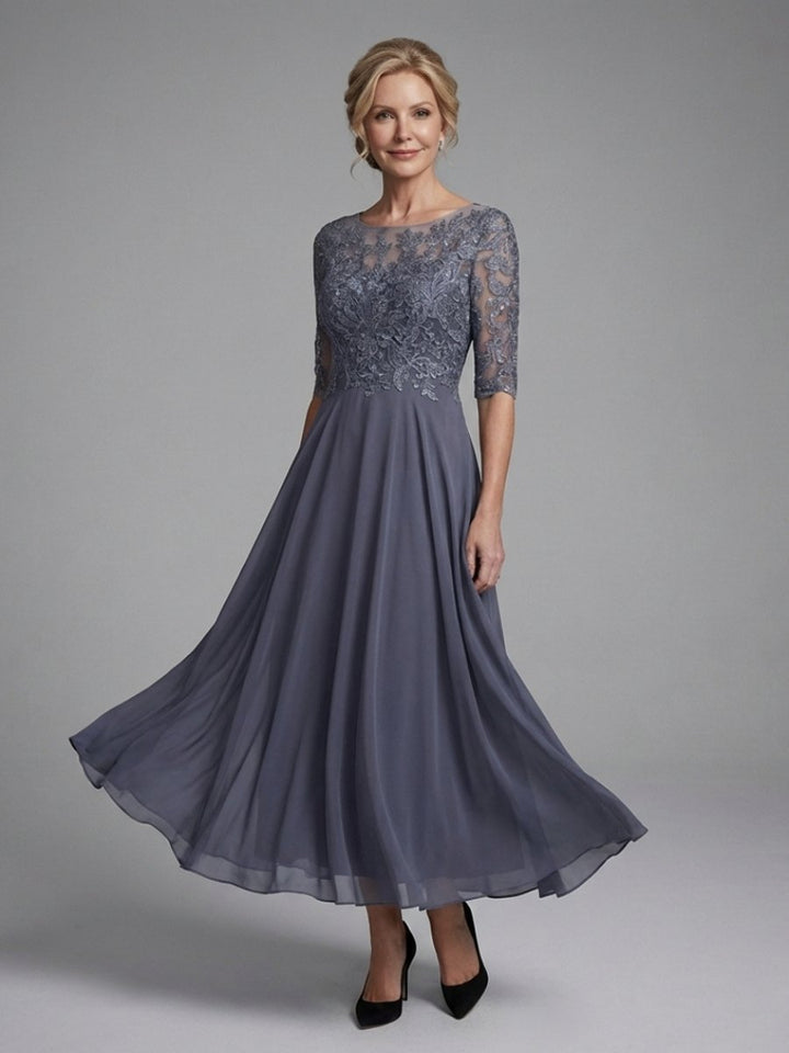 Women's Christmas Party Dress Lace Bodice Sheer Sleeve Midi