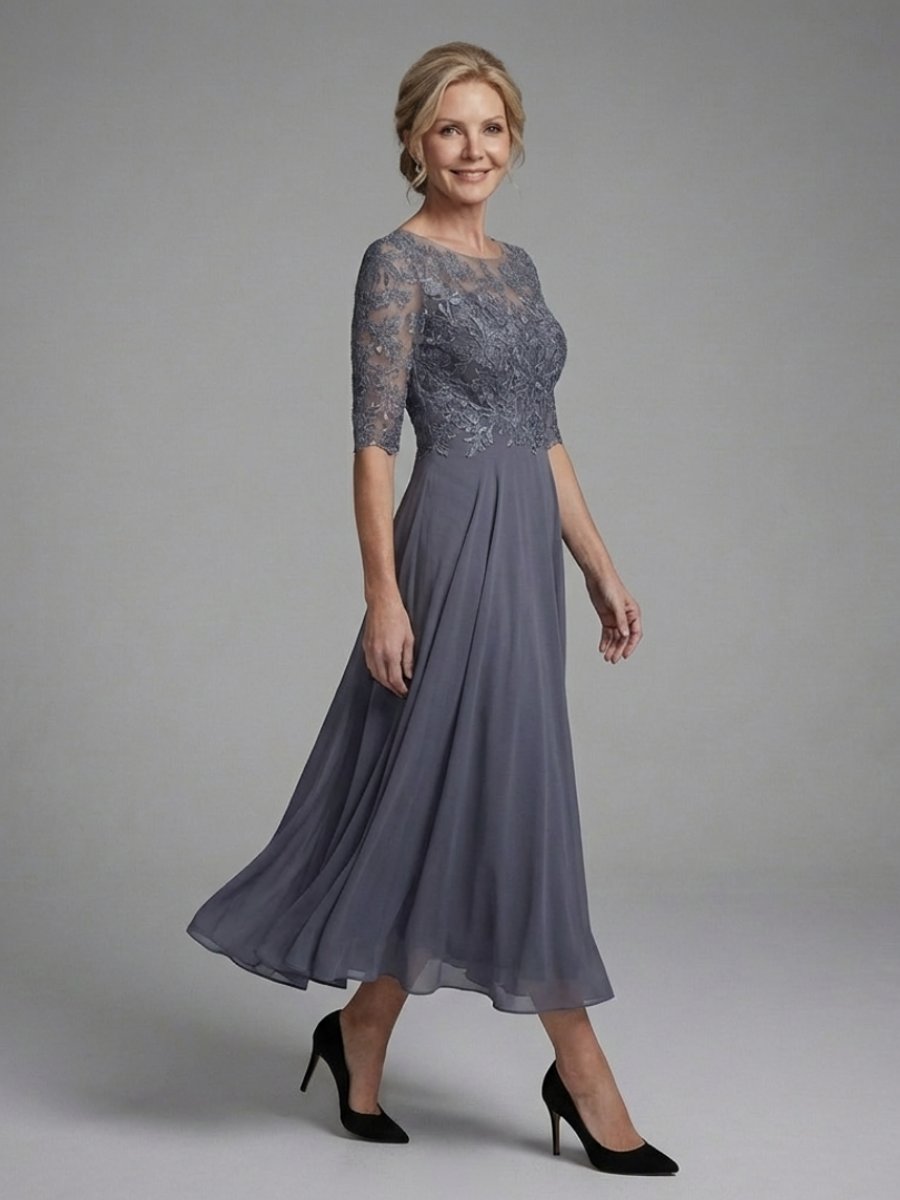 Women's Christmas Party Dress Lace Bodice Sheer Sleeve Midi