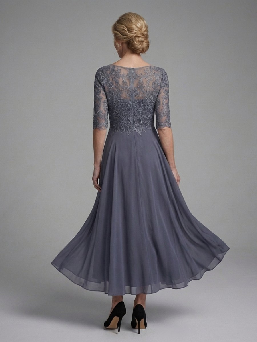 Women's Christmas Party Dress Lace Bodice Sheer Sleeve Midi