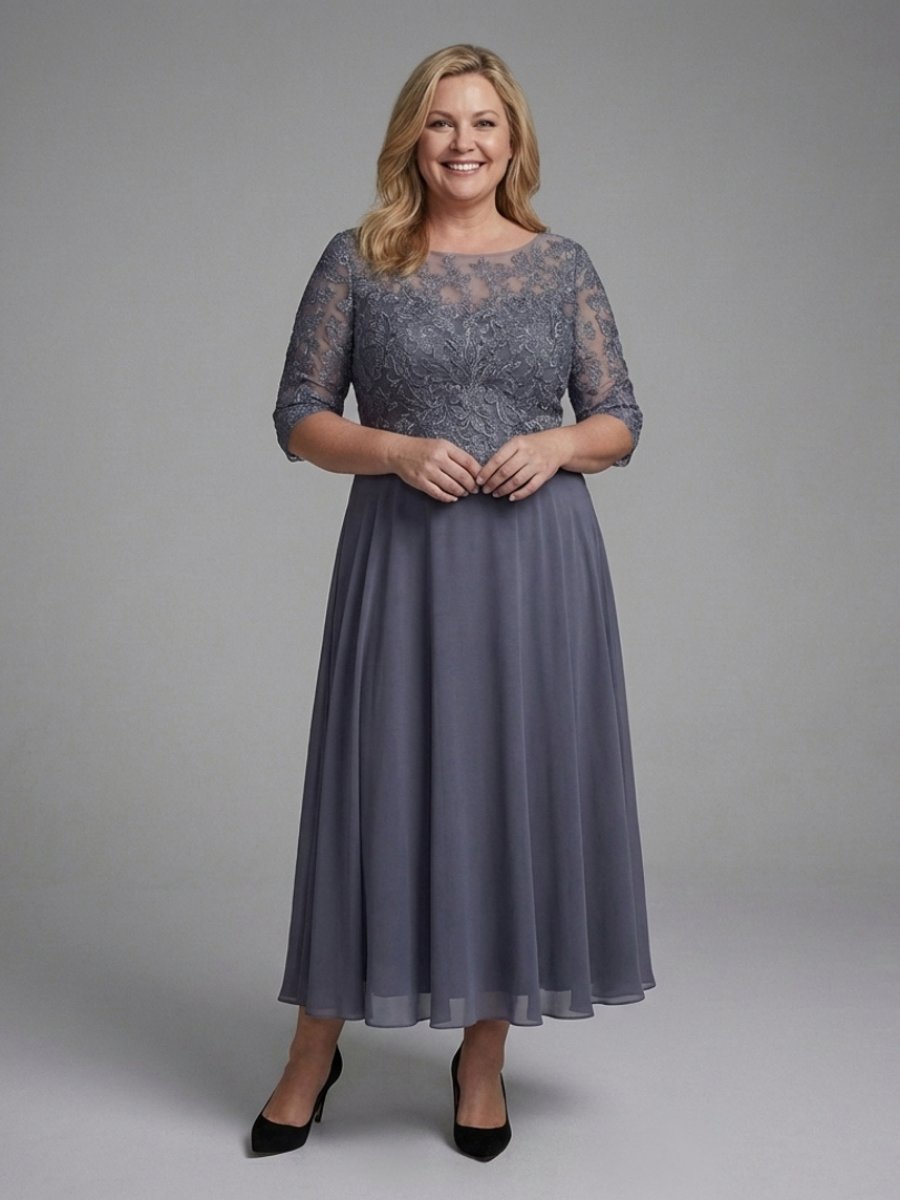 Women's Christmas Party Dress Lace Bodice Sheer Sleeve Midi