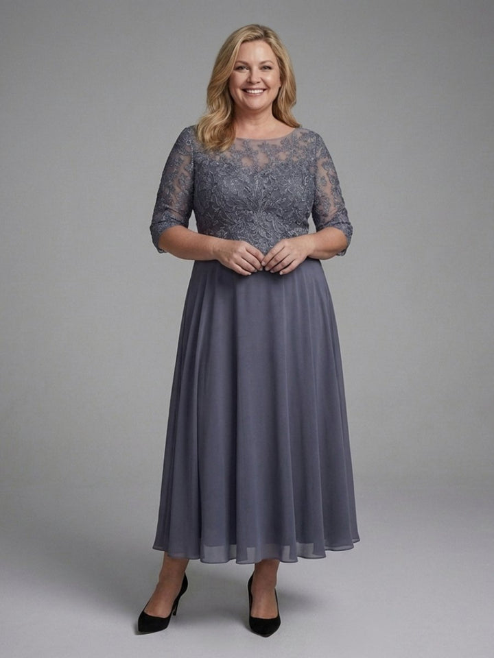 Women's Christmas Party Dress Lace Bodice Sheer Sleeve Midi