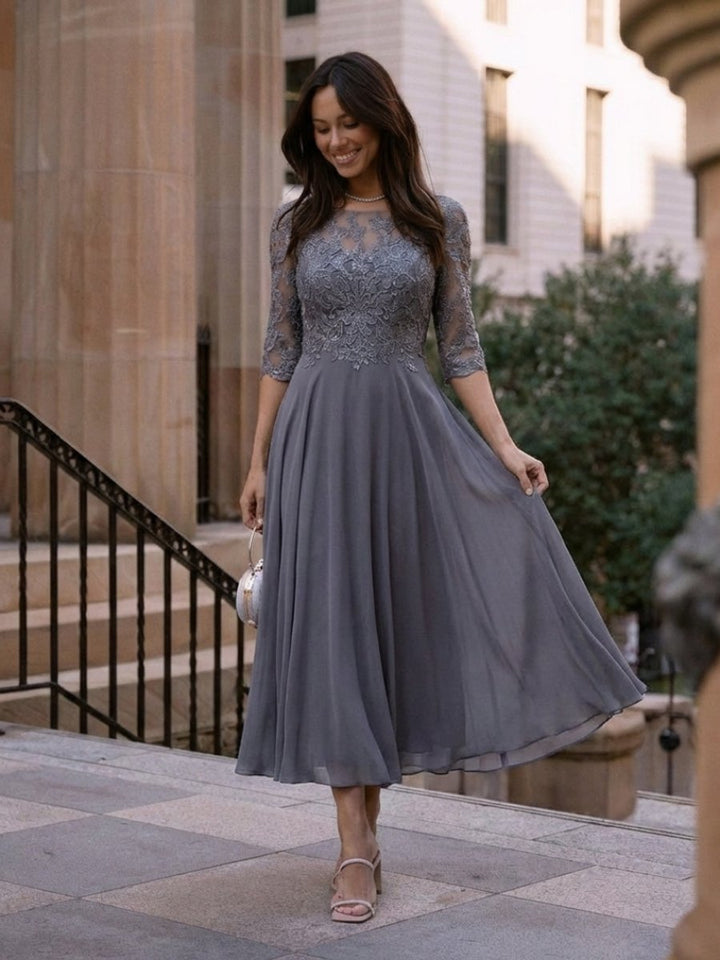 Women's Christmas Party Dress Lace Bodice Sheer Sleeve Midi