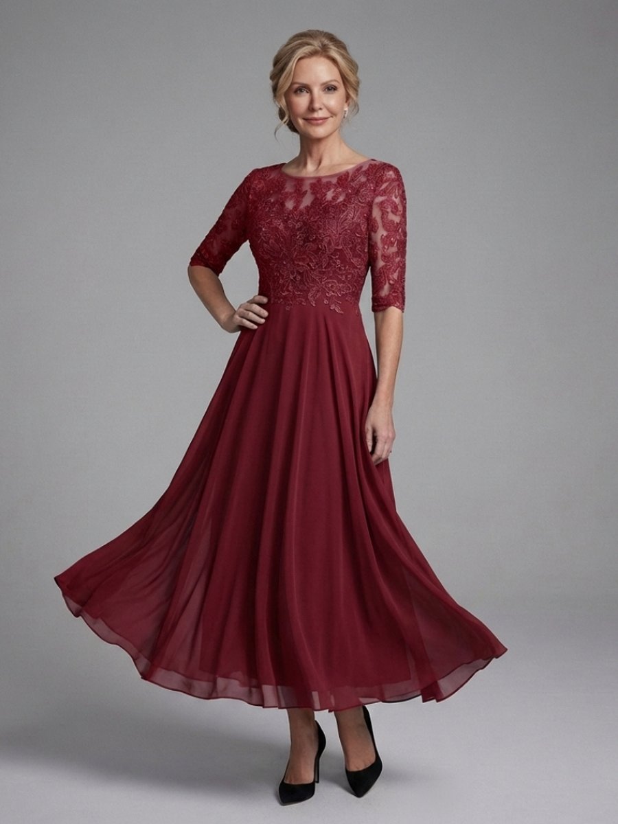 Women's Christmas Party Dress Lace Bodice Sheer Sleeve Midi