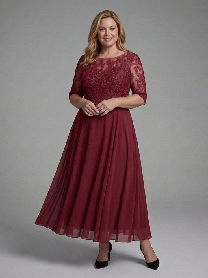 Women's Christmas Party Dress Lace Bodice Sheer Sleeve Midi