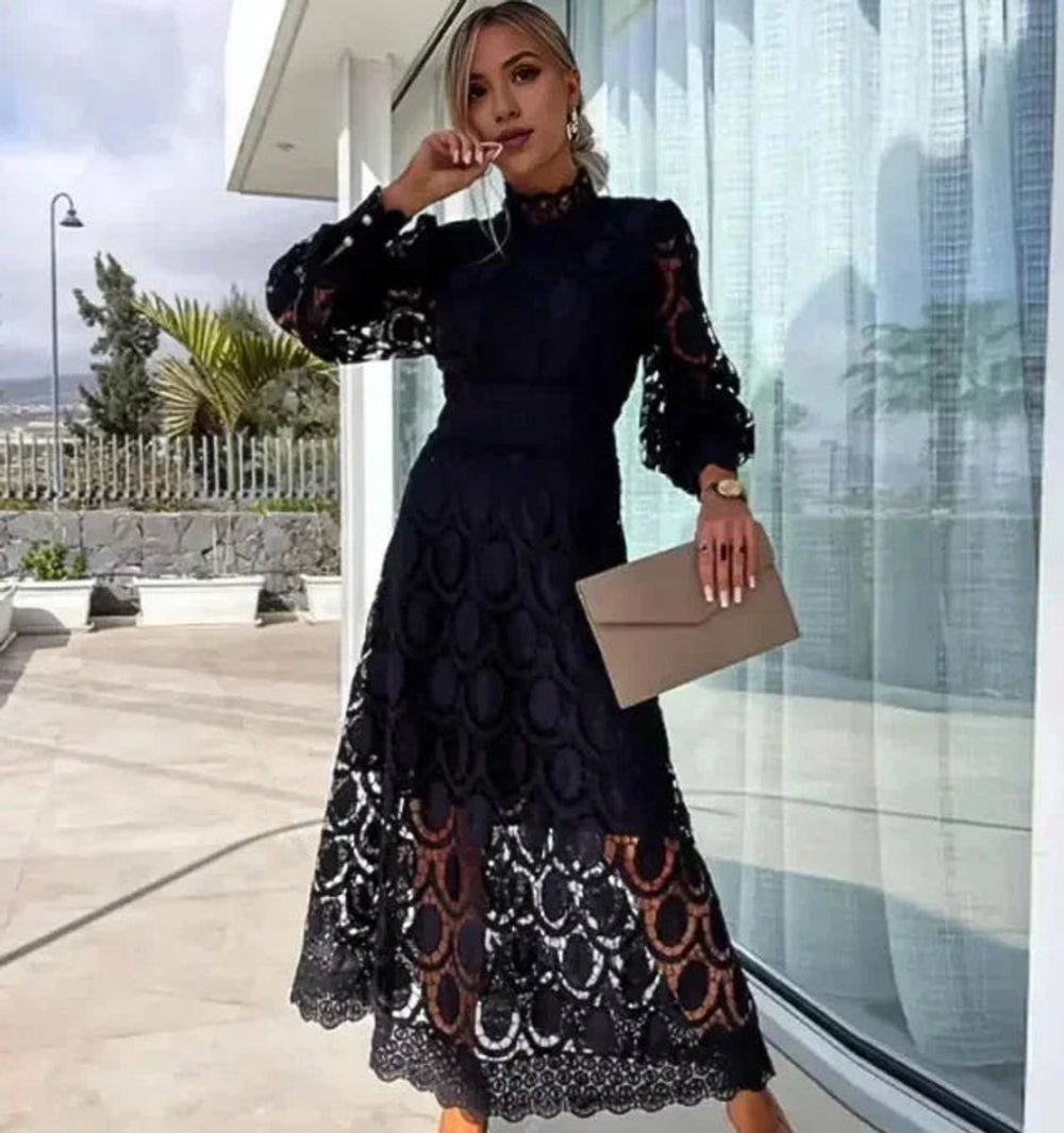Women's Christmas Party Dress Lace Midi Elegant Long Sleeve