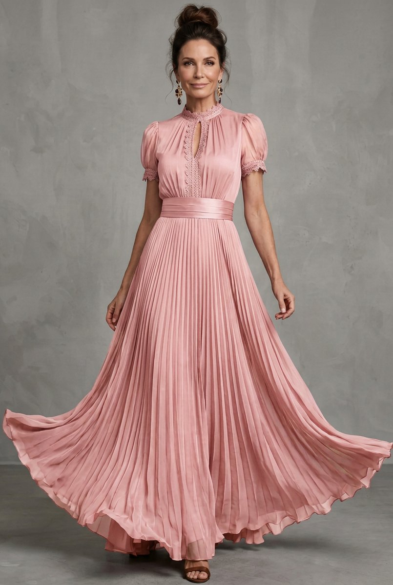 Women's Christmas Party Dress Lace-Trim Pleated Maxi Occasion Gown