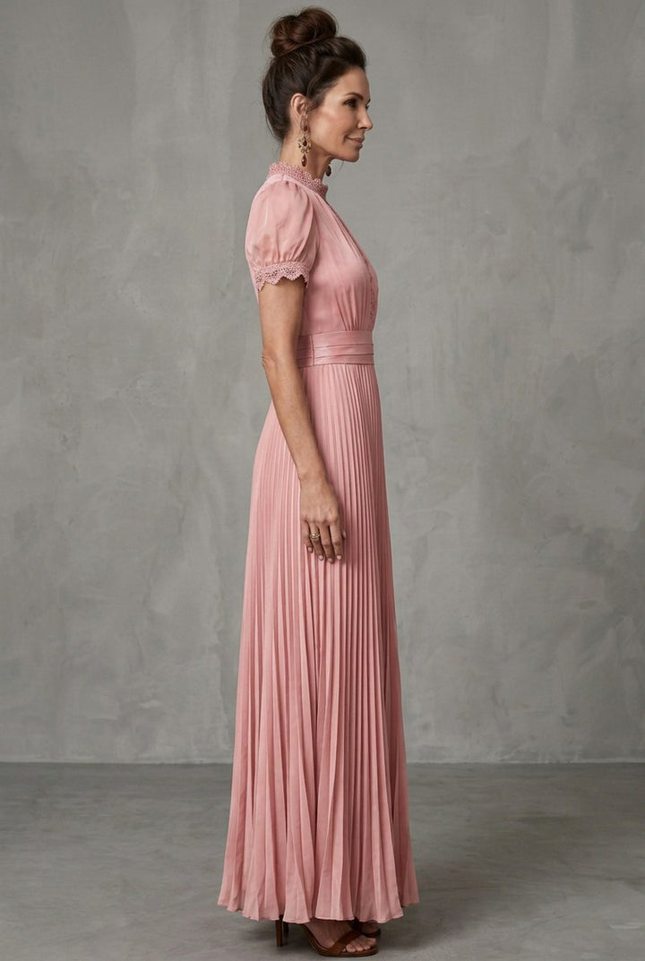 Women's Christmas Party Dress Lace-Trim Pleated Maxi Occasion Gown