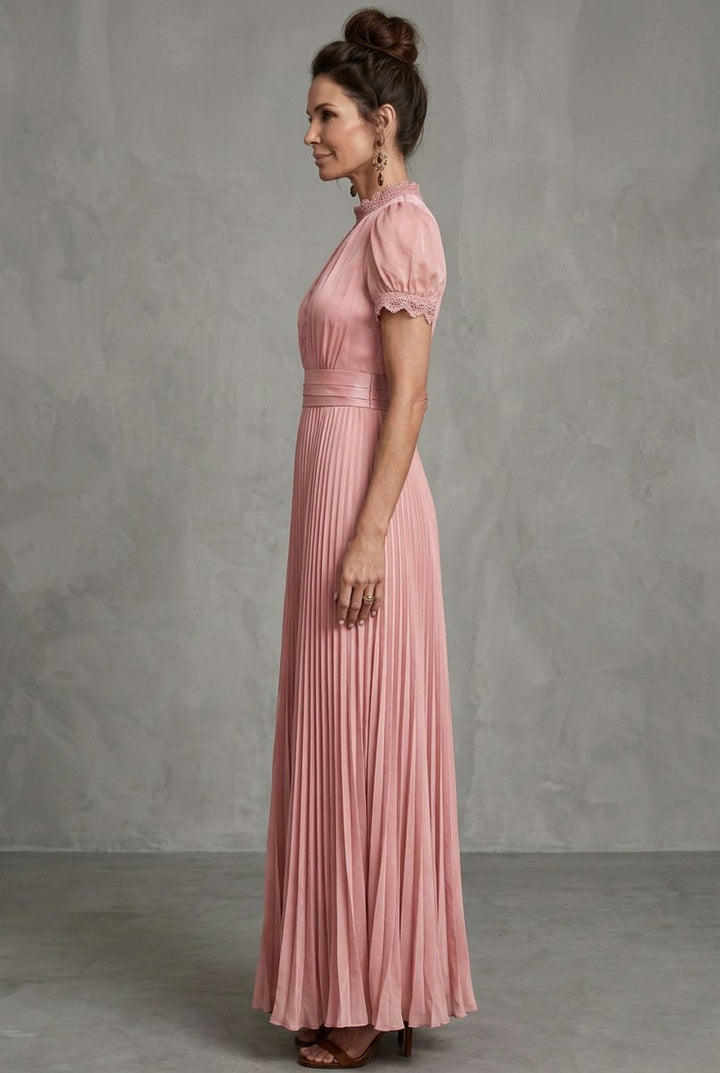 Women's Christmas Party Dress Lace-Trim Pleated Maxi Occasion Gown