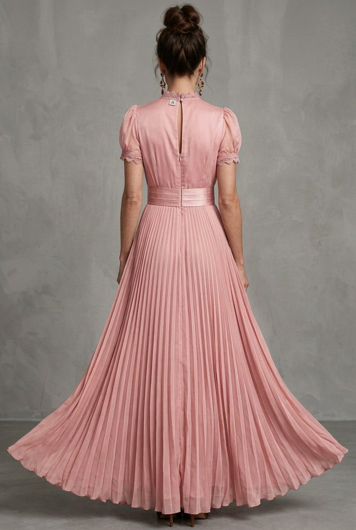 Women's Christmas Party Dress Lace-Trim Pleated Maxi Occasion Gown