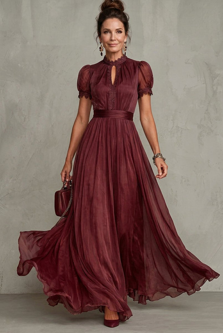 Women's Christmas Party Dress Lace-Trim Pleated Maxi Occasion Gown