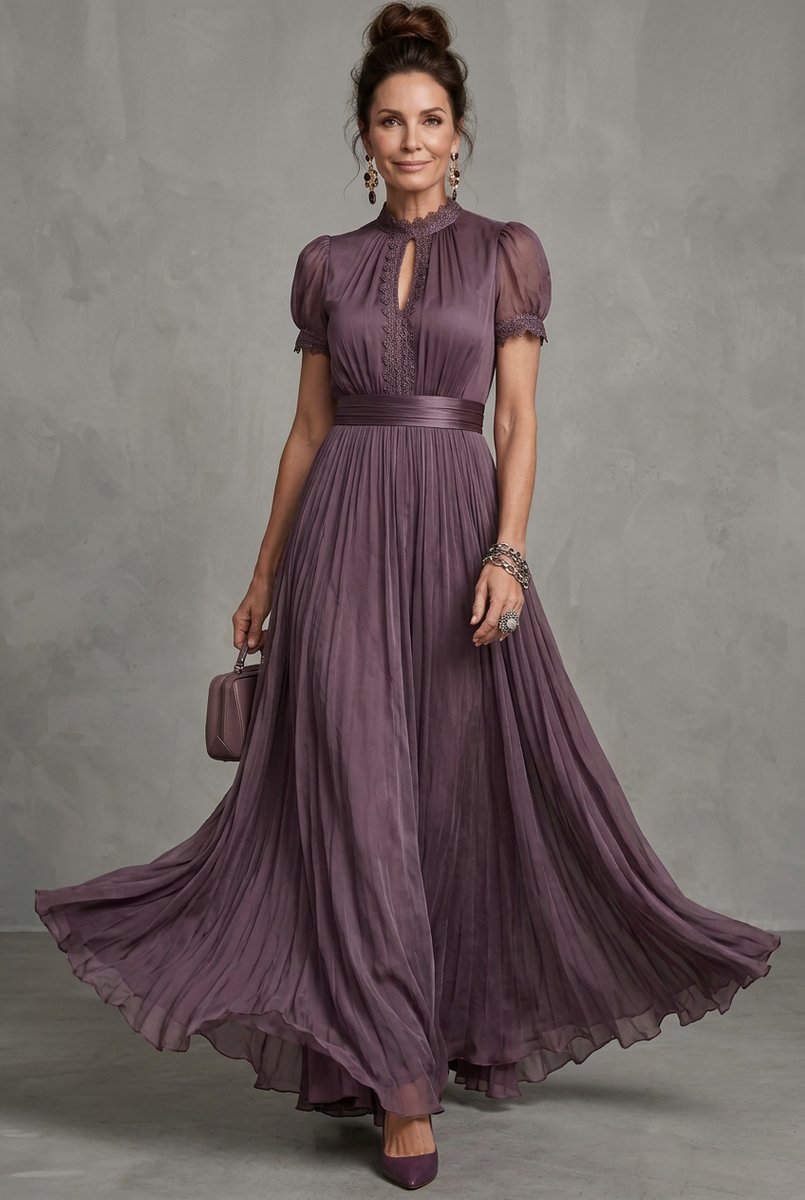 Women's Christmas Party Dress Lace-Trim Pleated Maxi Occasion Gown