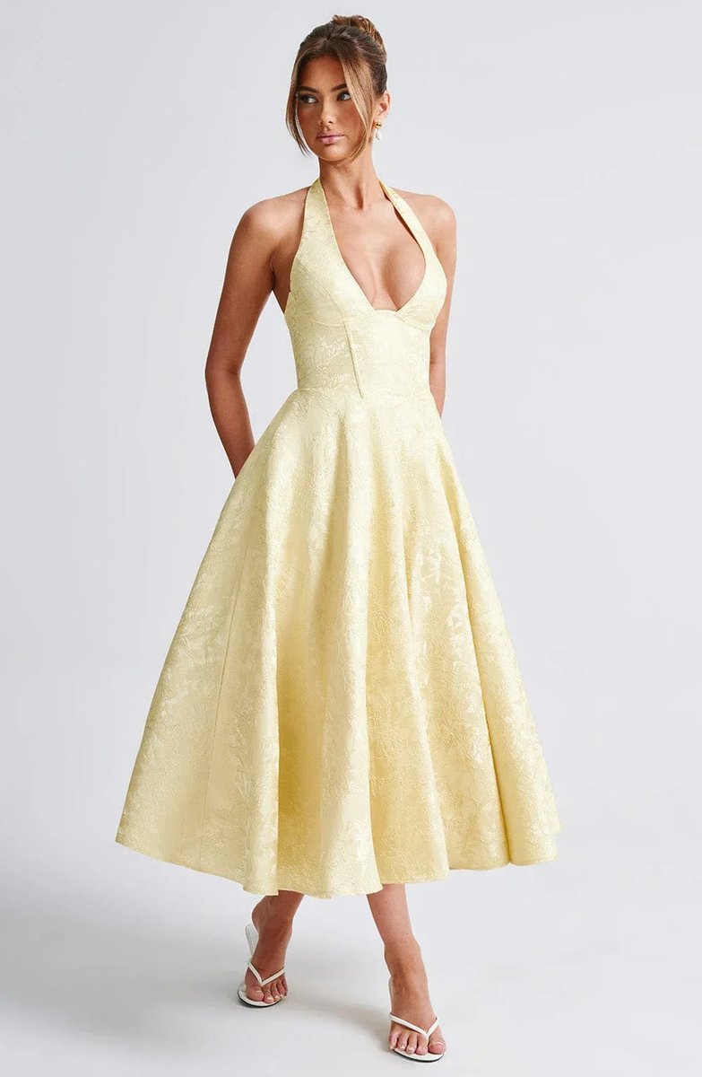 Women's Christmas Party Dress Open-Back Halter Flared Midi
