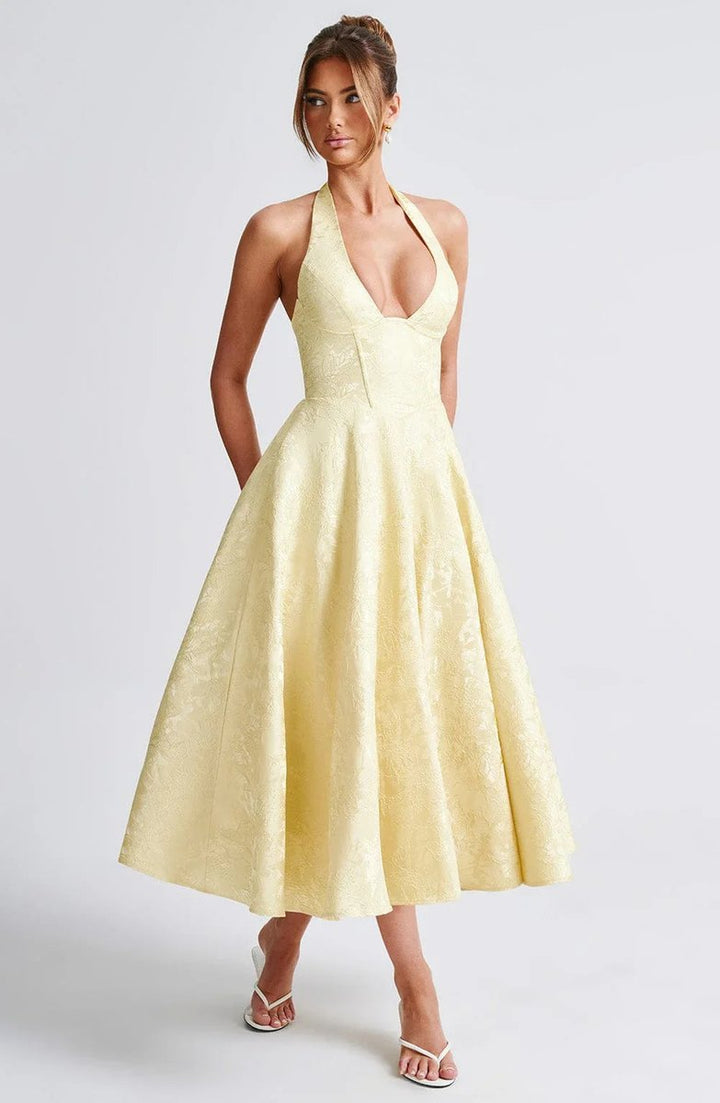Women's Christmas Party Dress Open-Back Halter Flared Midi