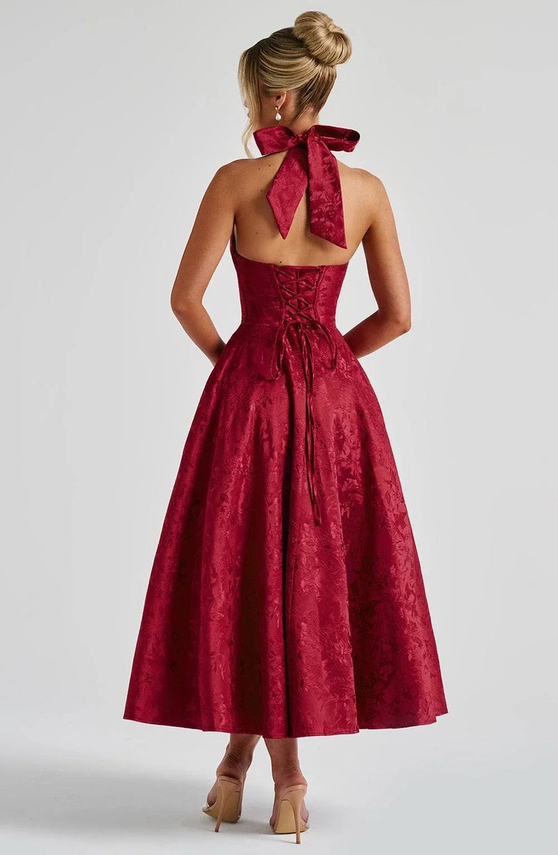 Women's Christmas Party Dress Open-Back Halter Flared Midi
