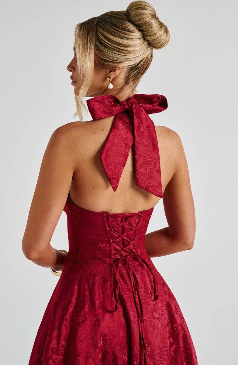 Women's Christmas Party Dress Open-Back Halter Flared Midi