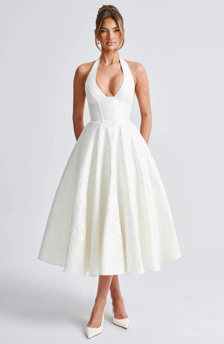 Women's Christmas Party Dress Open-Back Halter Flared Midi