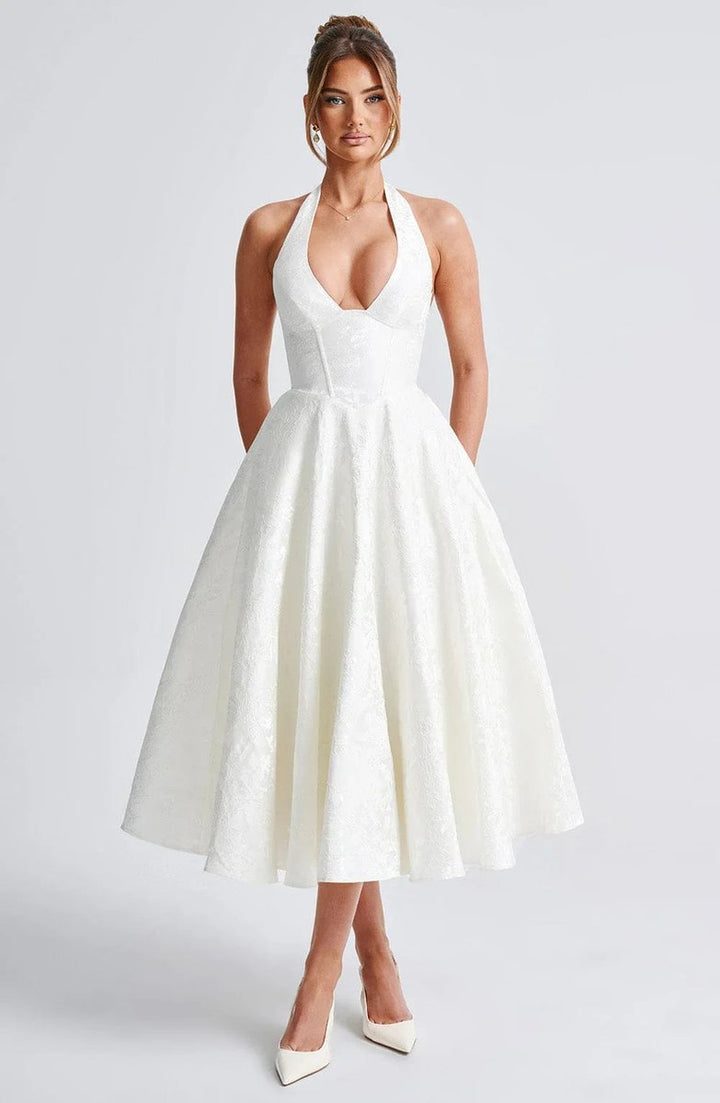 Women's Christmas Party Dress Open-Back Halter Flared Midi