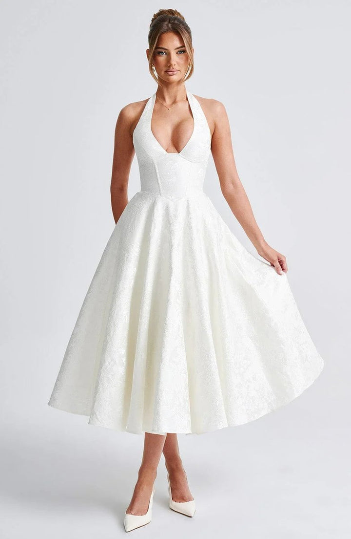 Women's Christmas Party Dress Open-Back Halter Flared Midi