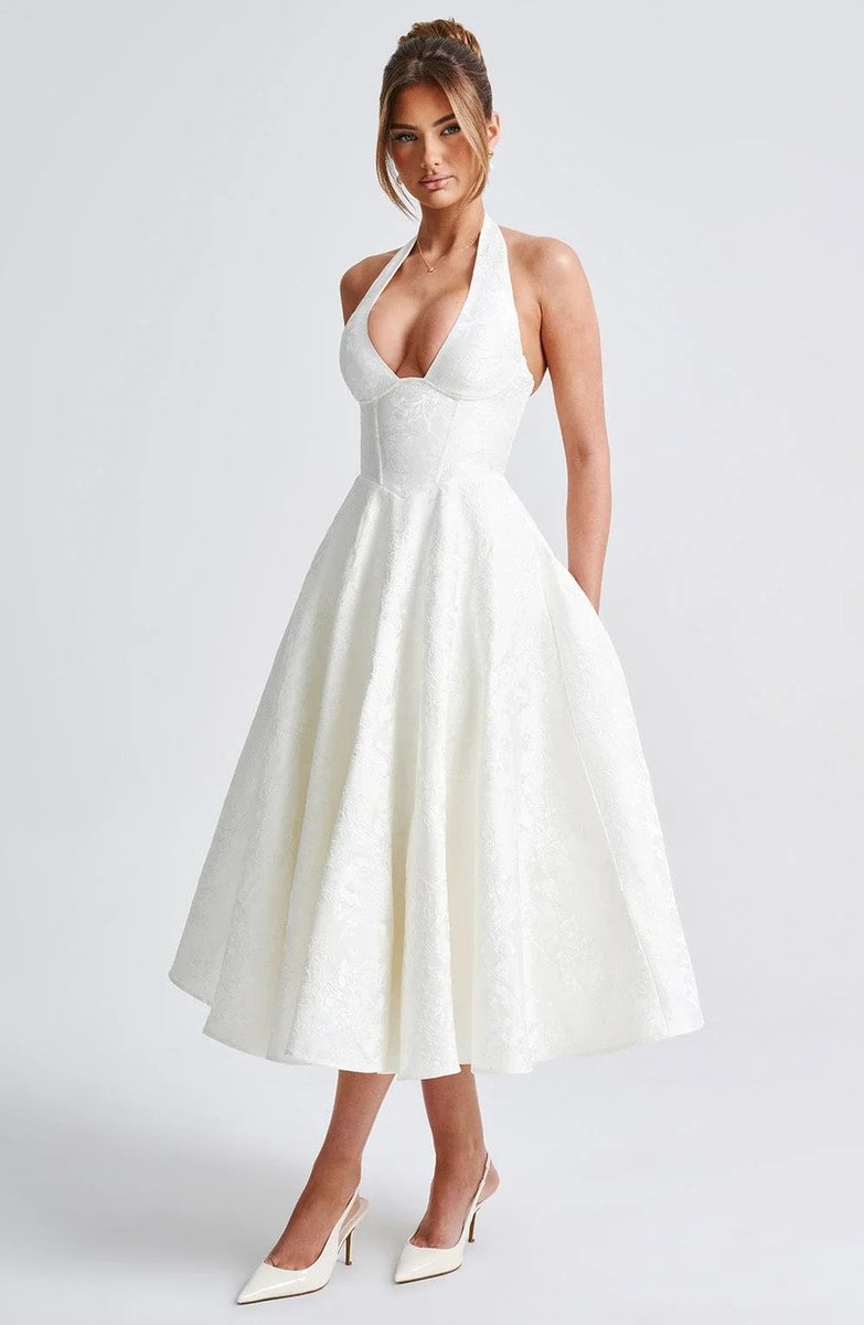 Women's Christmas Party Dress Open-Back Halter Flared Midi