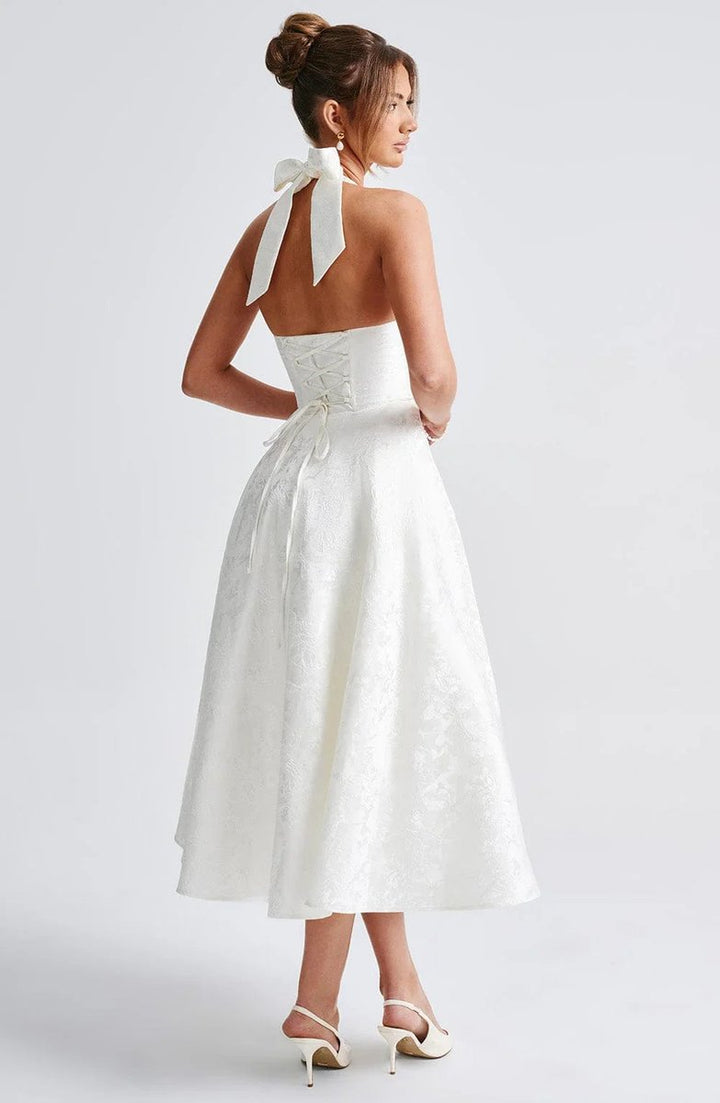 Women's Christmas Party Dress Open-Back Halter Flared Midi
