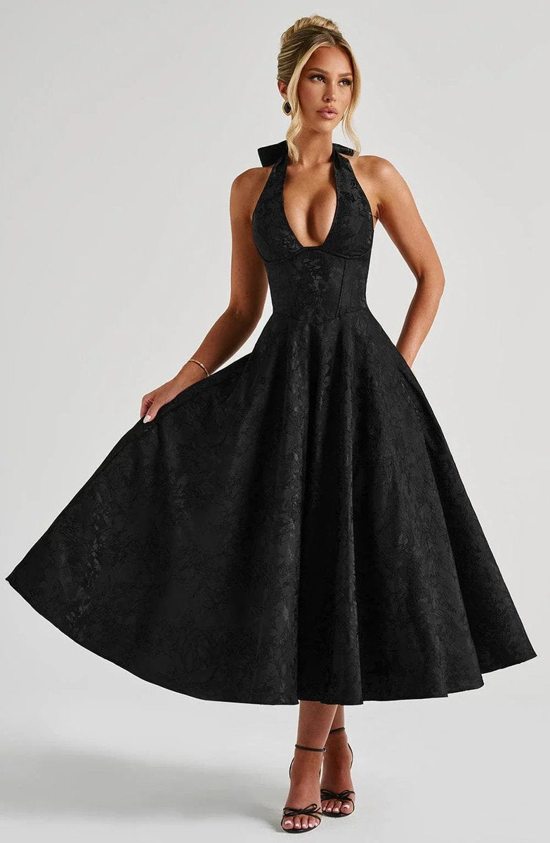 Women's Christmas Party Dress Open-Back Halter Flared Midi