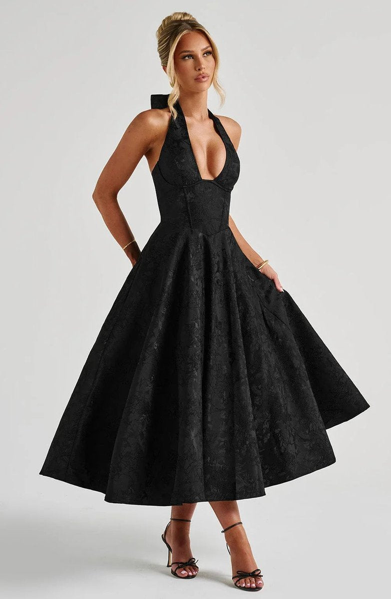Women's Christmas Party Dress Open-Back Halter Flared Midi