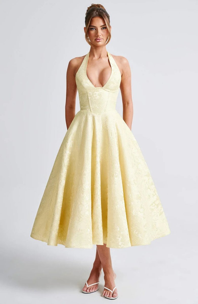 Women's Christmas Party Dress Open-Back Halter Flared Midi