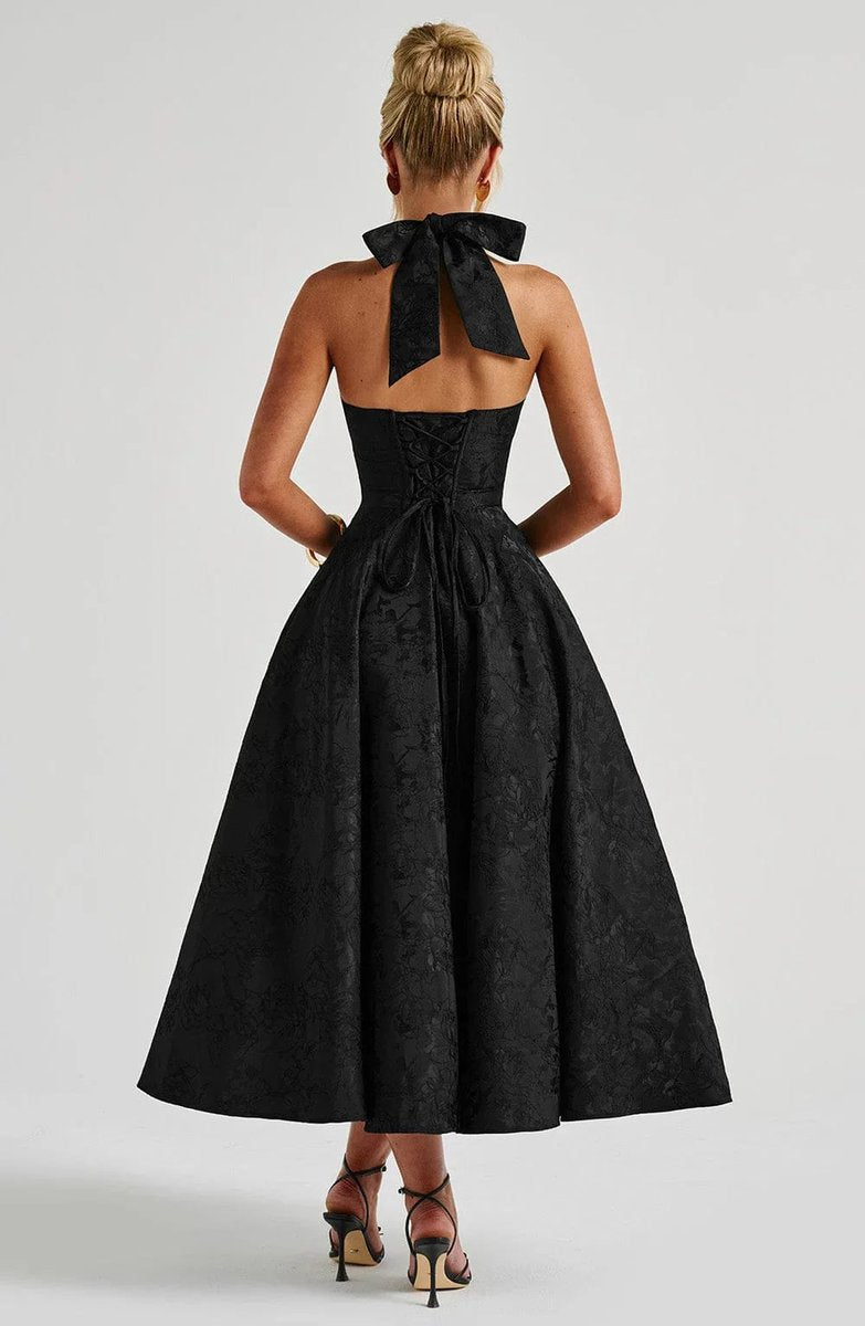 Women's Christmas Party Dress Open-Back Halter Flared Midi