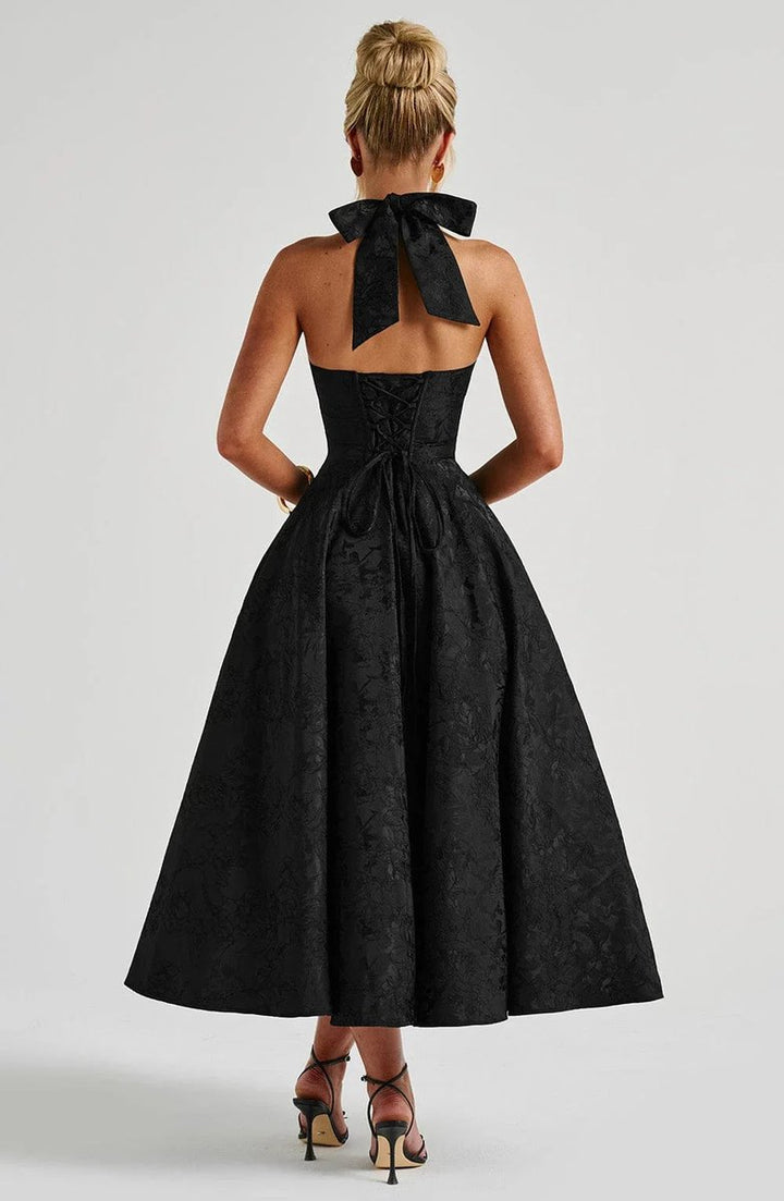 Women's Christmas Party Dress Open-Back Halter Flared Midi