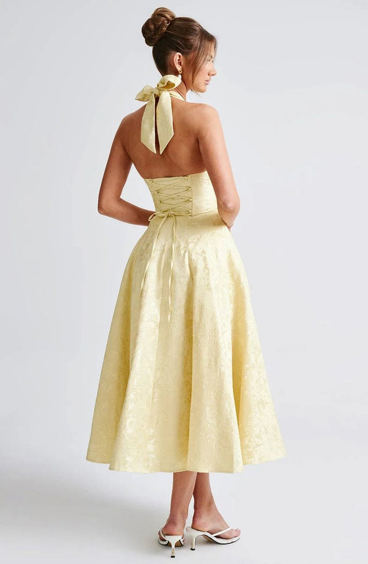 Women's Christmas Party Dress Open-Back Halter Flared Midi