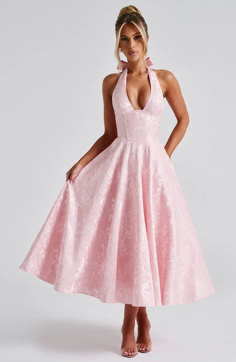 Women's Christmas Party Dress Open-Back Halter Flared Midi
