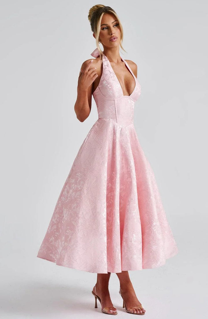 Women's Christmas Party Dress Open-Back Halter Flared Midi