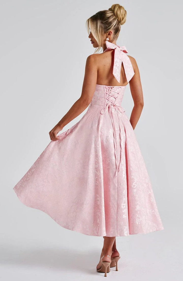 Women's Christmas Party Dress Open-Back Halter Flared Midi